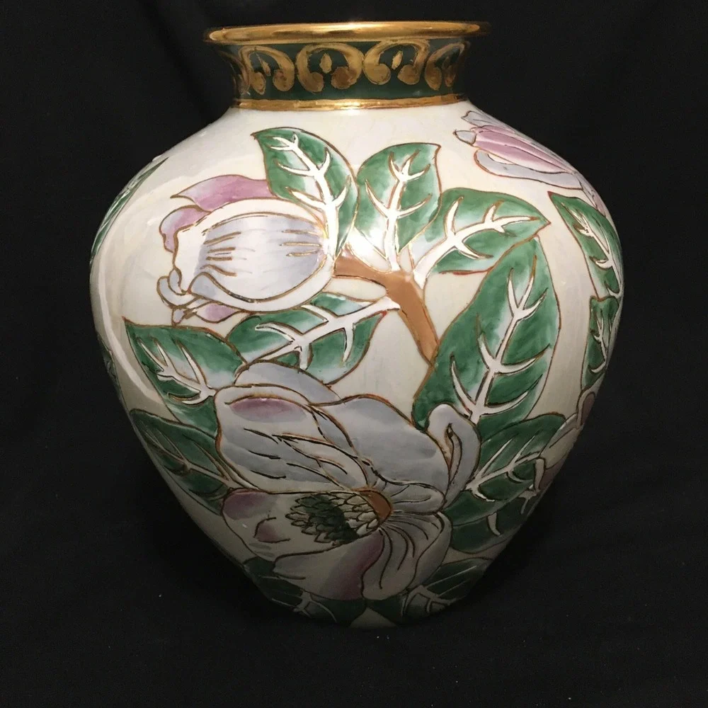 Floral Vase With  Magnolias and Gold Accents Vintage Asian Southern Style Large